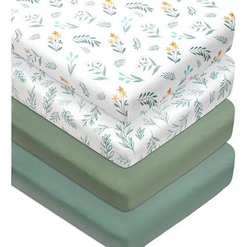 4 Pack Sage Green Fitted Nursery Sheets Breathable Neutral Unisex Baby Sheets for Boys or Girls with Leaf and Flower Design Standard Crib Sheet (Green, Crib Sheet)