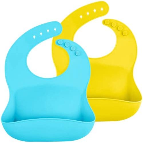 WeeSprout Waterproof Silicone Baby Bibs (Set of 2) | Pocket to Catch Food