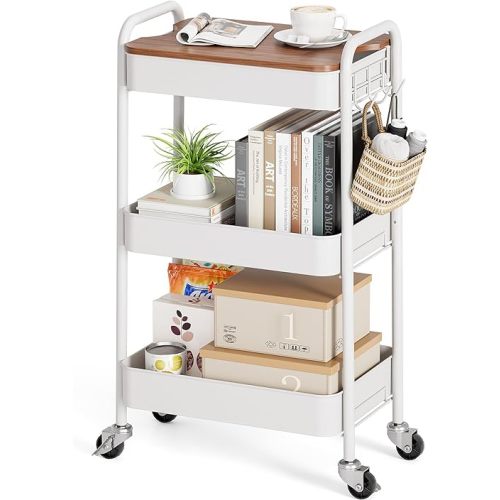 TOOLF 3-Tier Rolling Cart, Metal Utility Cart with Detachable Tray Top, Storage Craft Art Cart Trolley Organizer Easy Assembly for Bathroom, Living Room, Office, Kitchen, Classroom, White