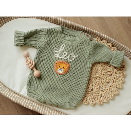 Newborn Coming Home Custom Outfit, Infant Baby Personalized Hand Embroidered Knit Sweater Romper, Newborn Embroidered Name Baptism Sweater