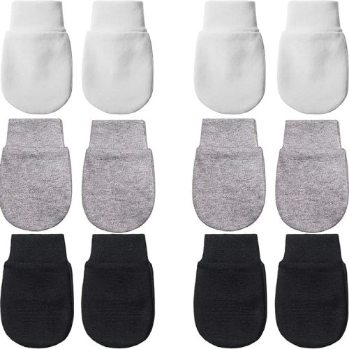 6 Pairs Newborn Baby Mittens No Scratch Gloves Infant Toddler Anti Scratch Essentials Unisex Cotton for 3-9 Months Girls Boys - White, Gray, Black - Solid