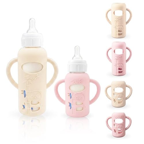 4-Pack Silicone Sleeves for Dr. Brown's Glass Baby Bottles, BPA-Free Drop-Resistant Baby Bottle Sleeves with Handles, Compatible with Dr Brown's Anti-Colic Narrow Glass Baby Bottles (4 & 8 oz)