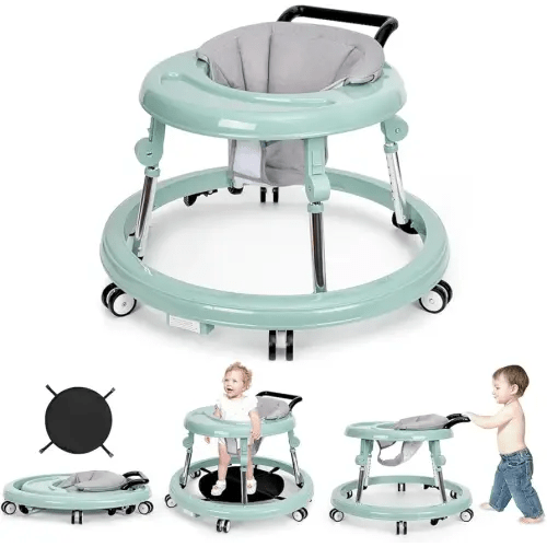 Baby Walker Foldable with 9 Adjustable Heights, Baby Walkers and Activity Center for Boys Girls Babies 6-12 Months, Baby Walker and Bouncer Combo with Wheels Portable Anti-Rollover