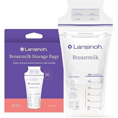 Lansinoh Breastmilk Storage Bags, 50 Count, Baby Essentials, Fast Freeze & Thaw Breast Milk Bags for Baby Bottle Feeding, Superior Strength & Stretch, 6 Ounce