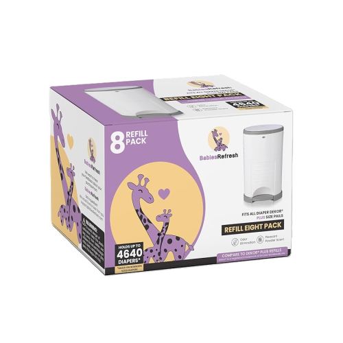 Refills Compatible with DEKOR PLUS Diaper Pail Refills | 8 Pack | Diaper Pail Odor Eliminator| Fresh Powder Scent | Each Diaper Bag Refill Holds up to 4640 Diapers | Diaper bin refill