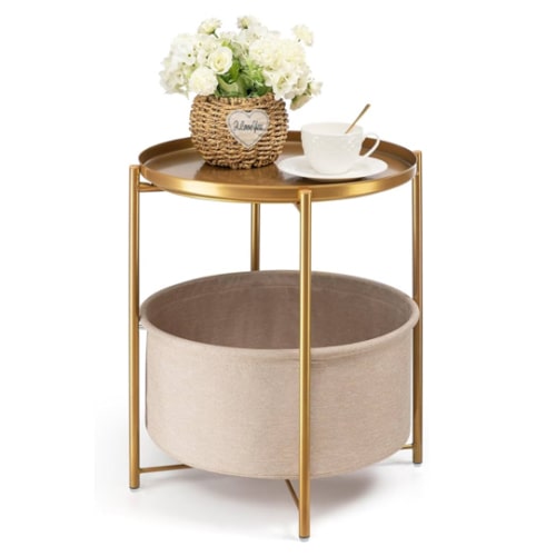 danpinera Round Side Table with Fabric Storage Basket, Metal Small Bedside Nightstand with Removable Tray Top for Living Room, Bedroom, Nursery, Laundry, Gold