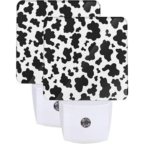 Black White Cow Print Night Light Set of 2, Auto Sensor LED Dusk-to-Dawn Nightlights, Plug-in Sensor Lamp for Bedroom Bathroom Kitchen Hallway Stairs Decorative