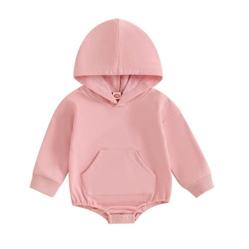 Boys Girls Baby Jumpsuit Unisex Solid Color Long Sleeve Hooded Romper With Kangaroo Pocket Crewneck Snap Closure For Infant Casual Daily Wear