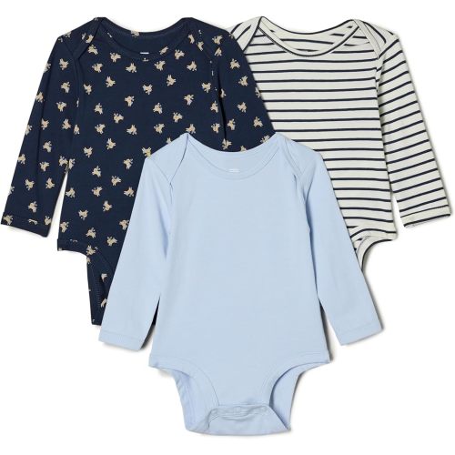 Amazon Essentials x Sofia Grainge Unisex Babies' Long Sleeve Crew Neck Bodysuit, Pack of 3, Light Blue/Bunnies/Stripe, 3-6 Months