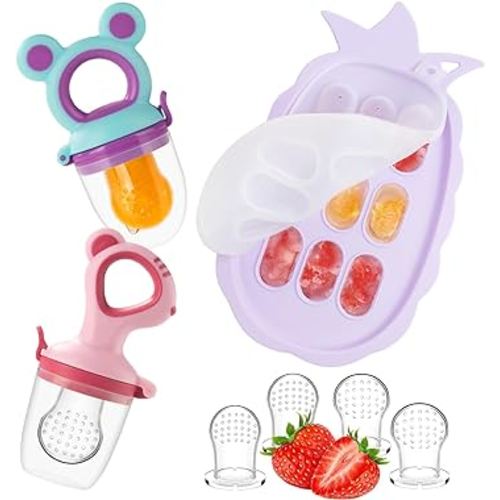 Baby Fruit Feeder & Baby Breastmilk Popsicle Molds, Baby Food Freezer Tray Storage Containers, Silicone Pacifier Feeder and Teether, Includes 6 Extra Food Pacifier
