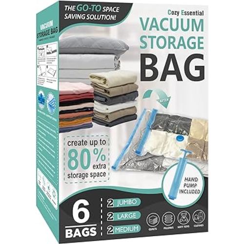 Cozy Essential 6 Pack Vacuum Storage Bags, Space Saver Bags (2 Jumbo/2 Large/2 Medium) Compression Storage Bags for Comforters and Blankets, Pillow, Bedding, Vacuum Sealer Bags for Clothes Storage