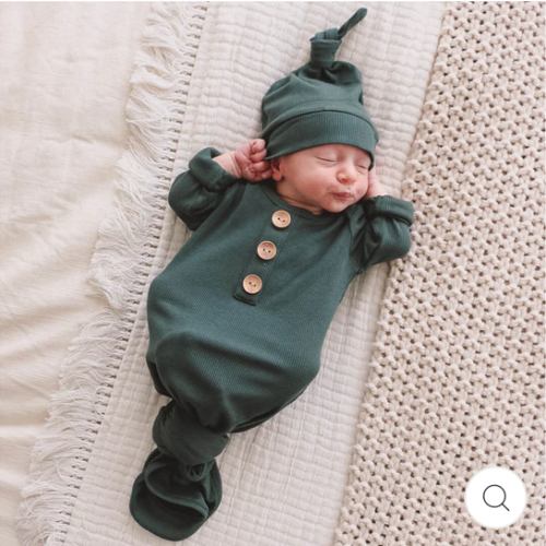 Forest Green Ribbed Bamboo Baby Knot Gown & Hat