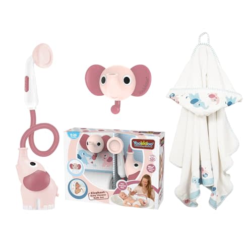 Yookidoo Baby Bath Elephant Shower Head Gift Set - Includes Hooded Towel & Hanger - Control Water from 2 Elephant Trunk Knobs for Max Fun in Tub or Sink Newborns, Toddlers, Boys, Girls (Blush Pink)