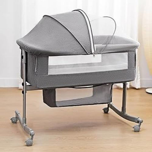Bedside Crib for Baby, 3 in 1 Bassinet with Large Curvature Cradle, Bedside Sleeper Adjustable and Movable Beside Bassinet with Mosquito Nets, Safety Certificattion Guarantee, Bassinet Bedding Sets