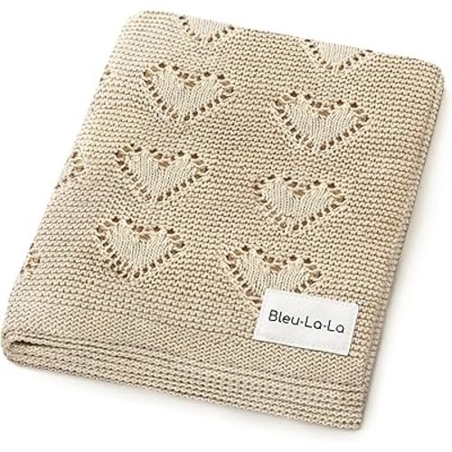 Bleu La La Heirloom Knit Heart Swaddling Blanket for Girls - 100% Luxury Cotton Baby Blanket - Soft Warm Swaddle Receiving Receiving Blanket for Newborns Infants & Toddlers (Oatmeal)