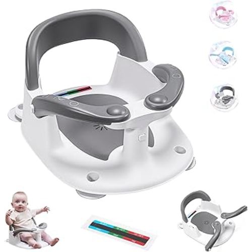 Baby Bath seat for Babies 6 Months & up, 360° Stable Toddler Bath Chair with one-Touch Button, Back Hollow Design, Water Temperature Card & 4 Suction Cups for Safety (Gray)