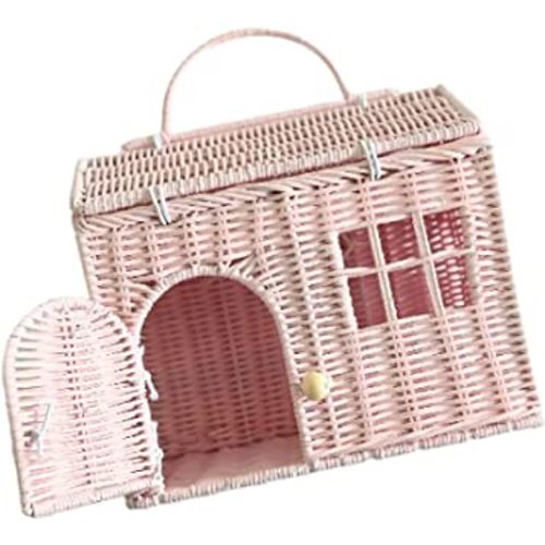 Rool Rattan House Shaped Basket Wicker Small Dollhouse Gift for Girls, Boho Toys, Mouse in a Box House, Little Girl Purse Clutch, Doll Carrier (Pink)
