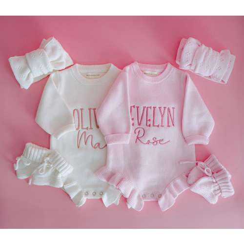 baby girl announcement photo knit set ruffle white pink knit personalize embroider romper sleeve bodysuit newborn going home first outfit