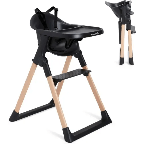 Munchkin Float Baby High Chair for Babies and Toddlers, Foldable for Easy Storage, Black with Wooden Legs