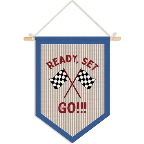 Wheatwin Race Car Room Decor for Boys, Vintage Nursery Playroom Decor, Car Themed Toom Decor, Ready Set Go Racing Wall Hanging Pennant Flag Banner Prints 15x11