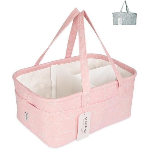 Baby Diaper Caddy Organizer Basket for Nursery Changing Table - Car Storage Tote Bag for Nappy, Diapers, and Wipes - Newborn Registry Shower Gift for Girl and Boy Must Haves - Travel Bin (Pink)