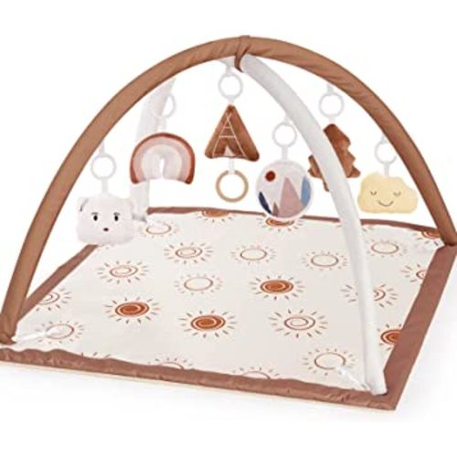 Large Washable Baby Gym Activity Center with Sunshine Play Mat, Visual, Hearing, Touch, Cognitive Early Development Playmats, 6 Toys for Infant & Toddler, Larger, Non Slip Mat Brown