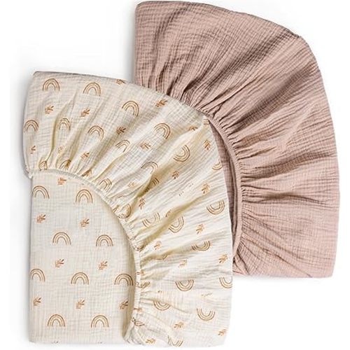 Muslin Crib Sheets 2 Pack for Baby Girls and Boys, 100% Cotton Soft and Breathable Fitted Crib Sheet for 28" x 52" Standard Crib Mattress and Toddler Bed, Blush & Rainbow