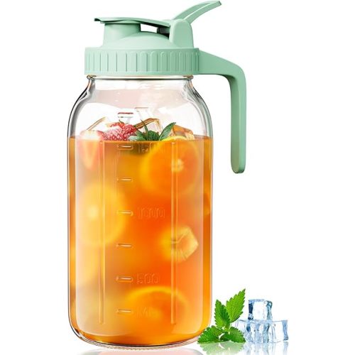 64 oz Glass Pitcher with Lid, Large Wide Mouth Mason Jar Pitcher with Pour Spout, Green Sun Tea Glass Jar for Outside, Drink Pitcher Great for Drink, Cold Beverages and Breast Milk