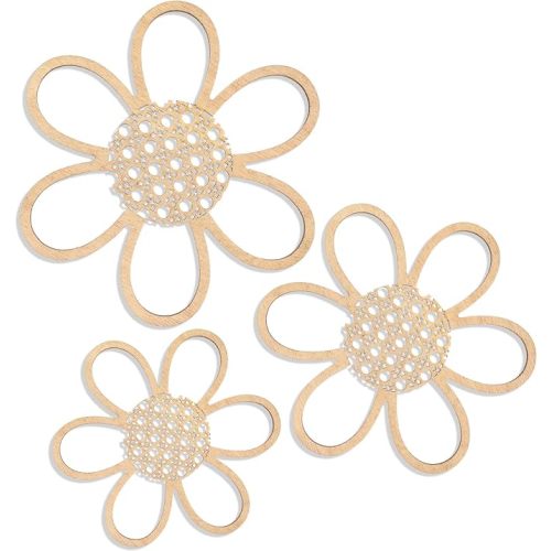 Maitys 3 Pieces Boho Daisy Wall Decor Natural Rattan Flower Wall Hanging Art Wooden Boho Nursery Flowers Wall Decor for Home Nursery(Classic Color)