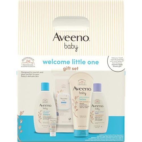 Aveeno Baby Welcome Little One Gift Set, Baby Skincare Set with Nourishing Baby Body Wash & Shampoo, Calming Bath Wash, All Over Baby Wipes, Daily Moisturizing Lotion, & Baby Balm, 5 Items