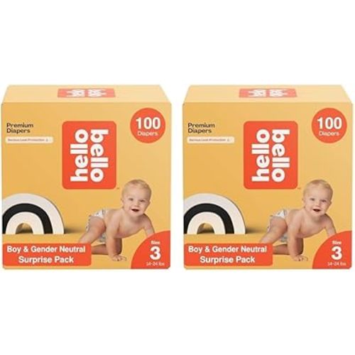 Hello Bello Premium Diapers, Size 3 (14-24 lbs) Surprise Pack for Boys - 100 Count (Pack of 2), Hypoallergenic with Soft, Cloth-Like Feel - Assorted Boy & Gender Neutral Patterns