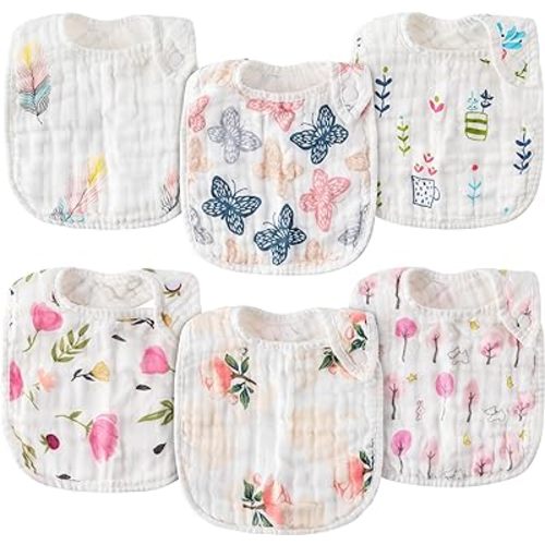 Zainpe 6Pcs Snap Muslin Cotton Baby Bibs Spring Butterflies Flowers Bib with 6 Absorbent Soft Layers Adjustable Burp Cloths for Infant Girl Boy Toddler Drooling Eating Teething Feeding 0 to 24 Months