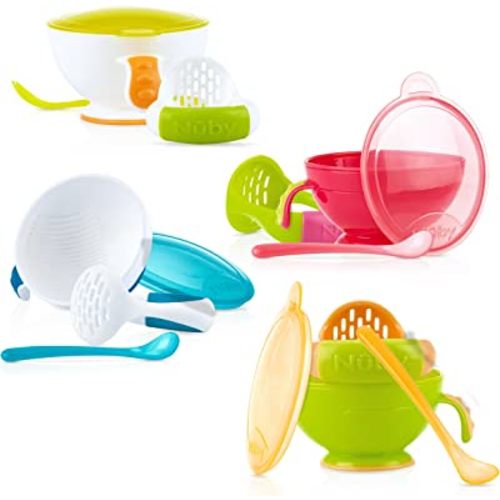 Nuby Garden Fresh Mash N' Feed Bowl with Spoon and Food Masher, Colors May Vary
