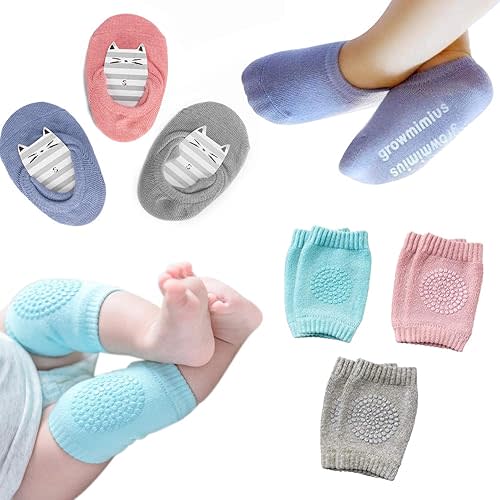 BOSONER Baby Crawling Anti-Slip Knee and Socks for Boys And Girls Best Infant Gift, Unisex Baby Toddlers Kneepads (Blue Pink Grey) 6-24 Months