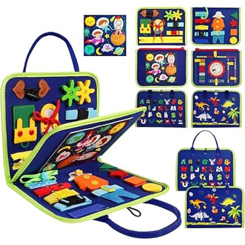 Busy Board Montessori Toys for 1 2 3 4 Year Old, Busy Book for Toddlers 1-3 Boys Girls Birthday Gifts, Sensory Educational Activities Travel Toys for Learning Fine Motor Skills, Blue-3 Pages