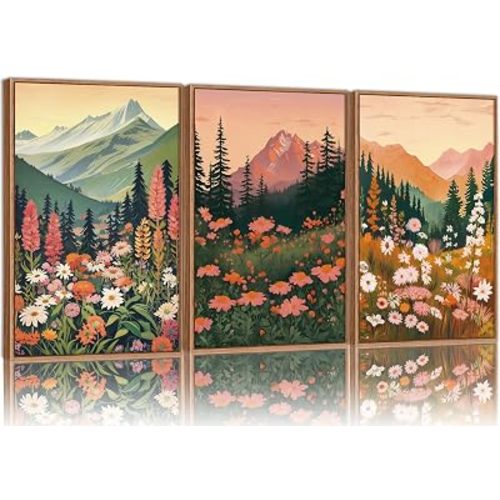Tinonedraw Large Boho Mountain Framed Canvas Wall Art Set of 3, Colorful Wildflower Daisy Flowers Wall Decor, Bohemian Floral Forest Scenery Artwork, Modern Nature Landscape Art Prints for Bedroom Living Room Office 16"x24"