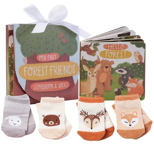 Tickle & Main 5 Pieces Forest Animal Registry Gift Sets for 0-12 Months Baby, 4 Pairs Newborn Socks Set with 16-Page Storybook