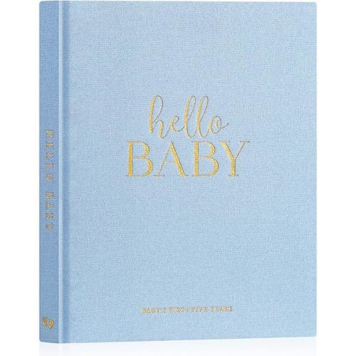Lanpn Hello Baby First 5 Year Memory Book for Boy Girl - Linen Hardcover Keepsake for New Parents - Newborn Journal Scrapbook Photo Album Milestone Book (Blue, 154 Pages)