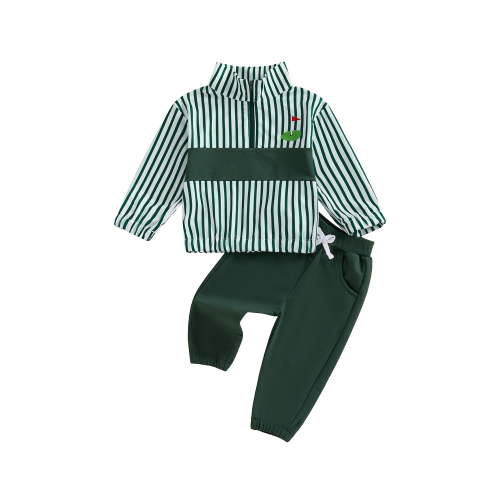 BemeyourBBs Toddler Baby Boy Golf Clubs Outfit Cute Spring Fall Clothes Casual Loose Fit Striped Golf Embroidered Stand Collar Long Sleeve Quarter Zipper Shirt Tops and Pants Set