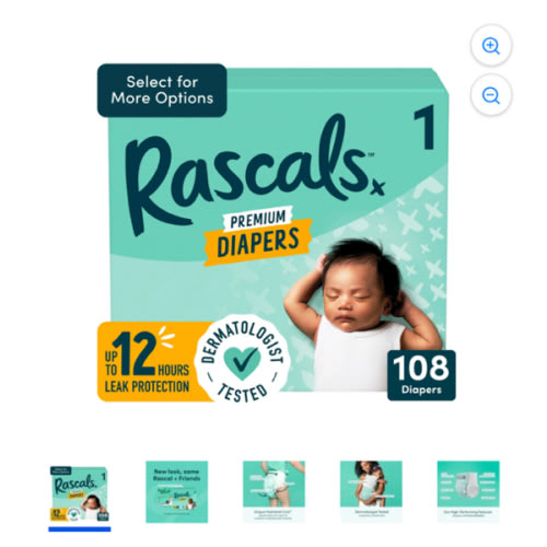 Rascals Premium Pañales Absorbentes para Bebés Talla 1, 108 Unidades (Seleccione para Ver Más Opciones)