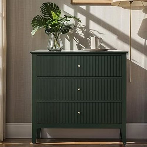 Large Green 3 Drawer Dresser, Painted 30 Inch Tall Wood Nightstand with Storage, Wide Modern Chest of Drawers with Ball Bearing Slide for Bedroom Hallway Living Room Entryway Office
