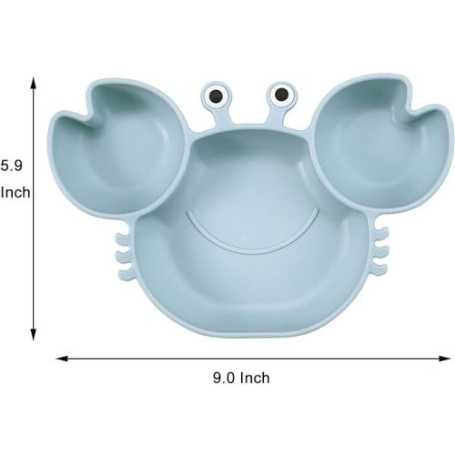 PandaEar 2 Pack Silicone Suction Plate for Baby, Divided Unbreakable Toddler Food Plate with 2 Pack Spoons for Self Feeding, Toddler Utensils Feeding Set Baby Eating Supplies, Crab Shape (Blue&Green)