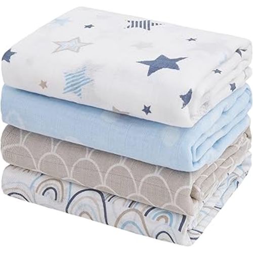 Softan Muslin Swaddle Blankets for Baby Girl & Boy, 47X47In Receiving Blankets for Newborn, Swaddle Blanket Set Soft Silky & Breathable,Blue Rainbow and Five-Pointed Star, 4 Pack
