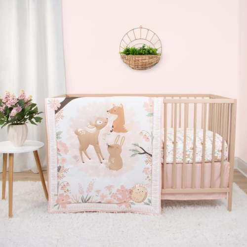 The Peanutshell Pink and White Fairytale Forest Crib Bedding Set for Baby Girls, 3 Piece Nursery Set