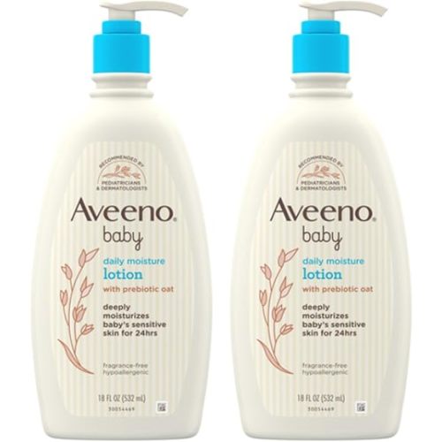 Aveeno Baby Daily Moisture Body Lotion for Sensitive Skin, Hypoallergenic Moisturizing Baby Lotion with Nourishing Oat to Deeply Moisturize Baby's Skin, Fragrance-Free, Twin Pack, 2 x 18 fl. oz