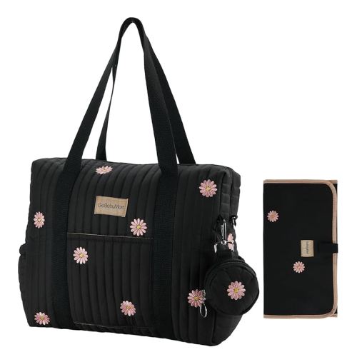 Large Diaper Bag Tote, Maternity Hospital Travel diaper tote, Multifunction baby bag, Baby Nappy Bags, Messenger bag (Medium - Black Flowers)