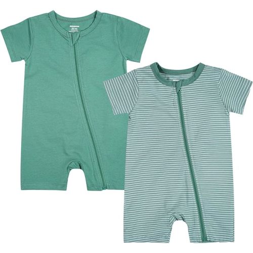 Teach Leanbh Baby Boys or Girls 2 Pack Pajamas Cotton Short Sleeve Zipper Romper Jumpsuits Sleep and Play 3-24 Months (Green, 6-12 Months)