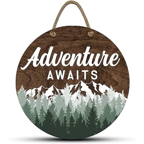 Adventure Awaits Hanging Wall Sign, 12" Wood Round, Green Trees Brown Background, Rustic Home Decor, Woodland Baby Shower Decorations,Hickory Hollow Designs (Adventure Awaits (Dark Walnut))