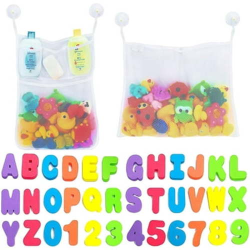 KEINXS 2pcs Mesh Bath Toy Organizer + 36 Bath Letters & Numbers – Eco-Safe, Fun, Educational Foam Baby Bath Letters and Perfect Toy Storage Net for Baby Bath Toys & More with 4 Hooks
