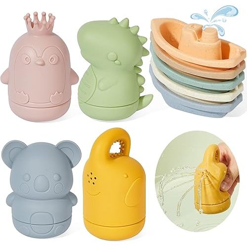 Mold-Free Baby Bath Toys | 9PCS Floating Boats & Squeeze Toys for Babies 6-12M & Toddlers 1-3Y | Non-Toxic Bathtub, Pool & Water Table Toys | Silicone Sensory Bath Play with Safe Stacking Boats